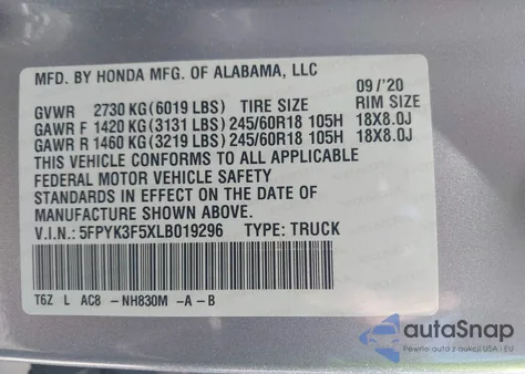 2020 Honda Ridgeline Awd Rtl z USA, uszkodzony, nr VIN 5FPYK3F5XLB019296